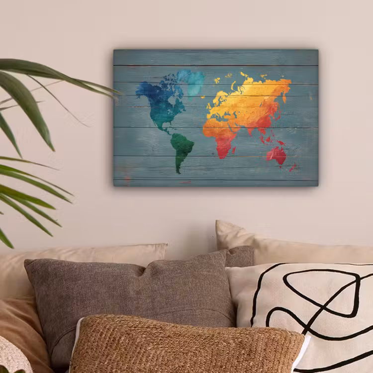 Hout - Planken - Regenboog - Wereldkaart canvas 2cm klein -sfeer1