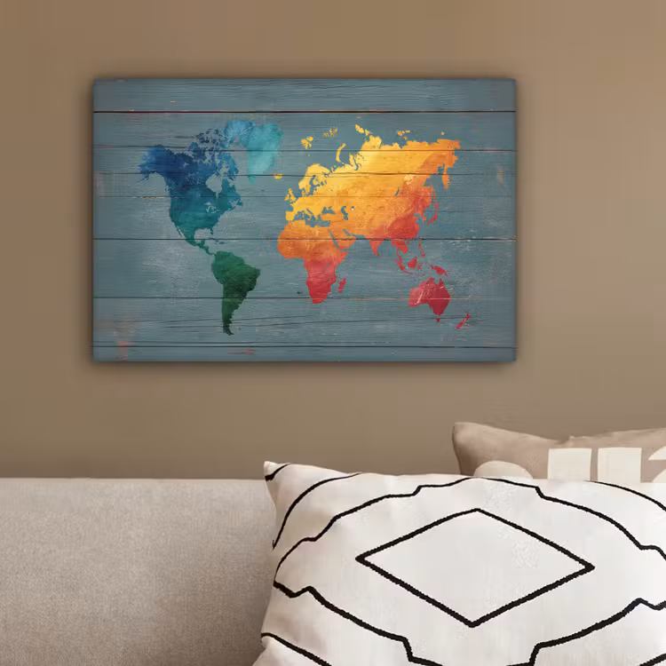 Hout - Planken - Regenboog - Wereldkaart canvas 2cm klein -sfeer3