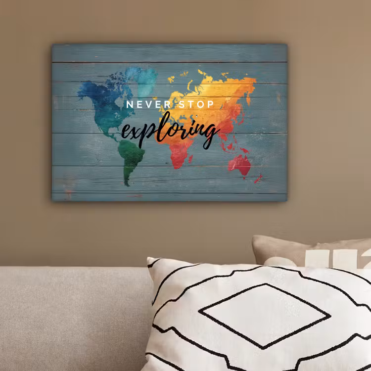 Hout - Wereldkaart - Regenboog - Exploring canvas 2cm klein -sfeer3