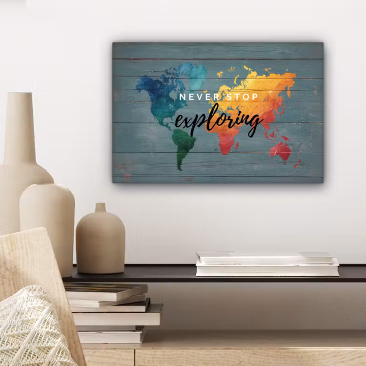 Hout - Wereldkaart - Regenboog - Exploring canvas 2cm klein -sfeer6