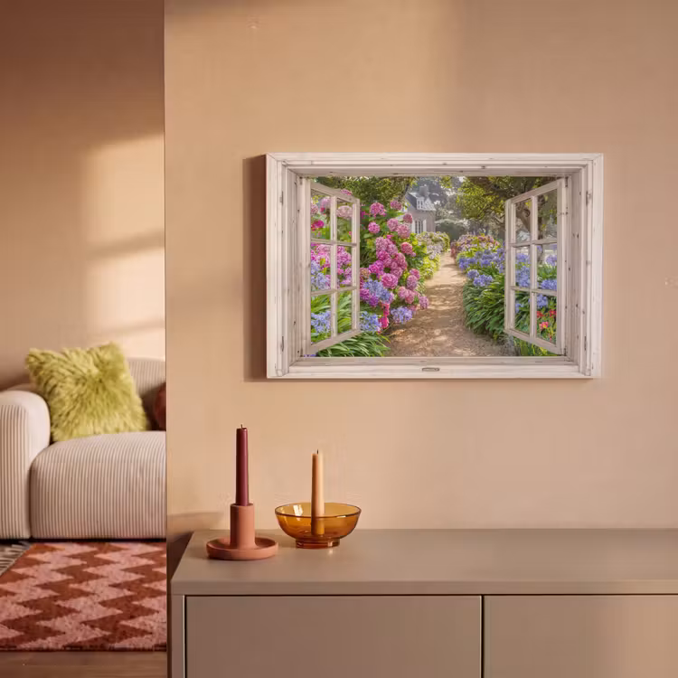 Hortensia - Doorkijk - Bloemen - Zomer - Paars - Pad canvas 2cm klein -sfeer1