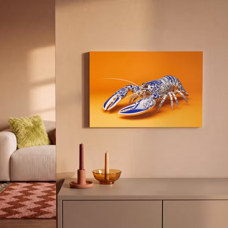 Kreeft - Delftsblauw - Schild - Stoer - Oranje canvas 2cm klein -sfeer1