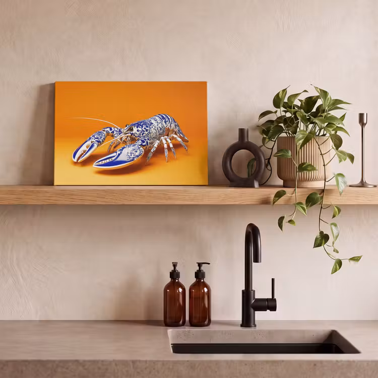 Kreeft - Delftsblauw - Schild - Stoer - Oranje canvas 2cm klein -sfeer3