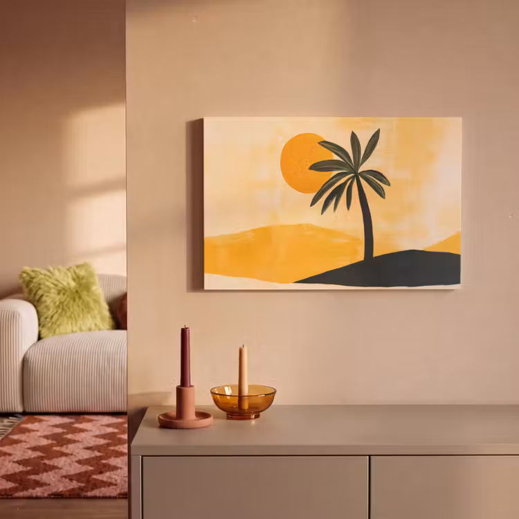 Illustratie - Palmboom - Zon - Heuvels canvas 2cm klein -sfeer1