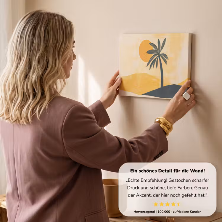 Illustratie - Palmboom - Zon - Heuvels canvas 2cm klein -sfeer3