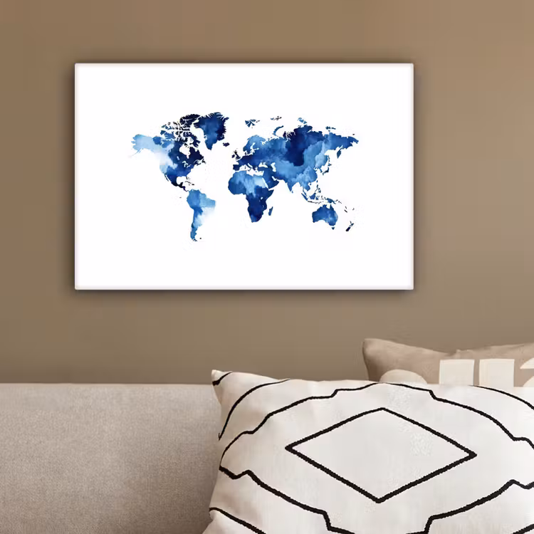 Indigo - Wereldkaart - Aquarel canvas 2cm klein -sfeer3