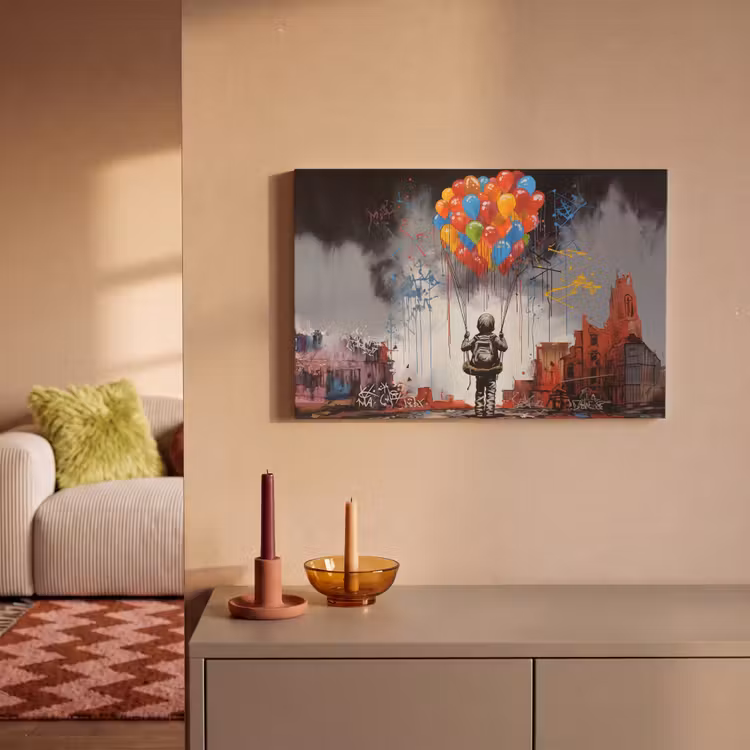 Jongen - Ballonnen - Gebouwen - Kunst canvas 2cm klein -sfeer1