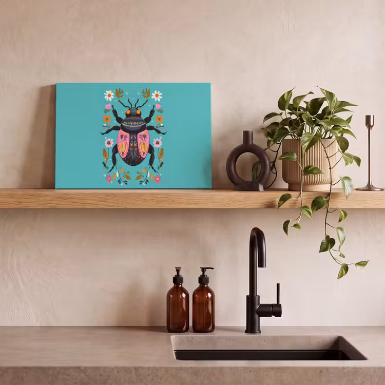 Kever - Bloemmotieven - Turquoise - Bladeren canvas 2cm klein -closeup_print_DE