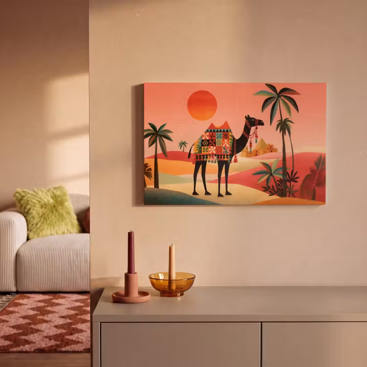 Kameel - Gekleurd tapijt - Duinen - Rode zon canvas 2cm klein -sfeer1