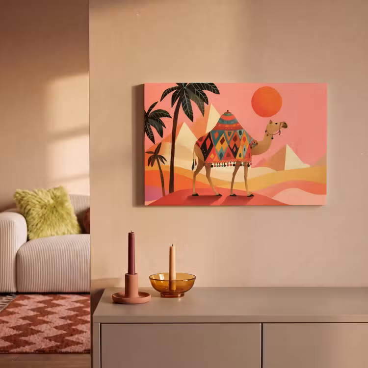 Kameel - Pyramides - Rode zon canvas 2cm klein -sfeer1