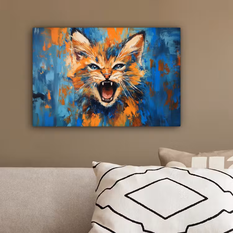 Kat - Kleurrijk - Oranje - Blauw canvas 2cm klein -sfeer3