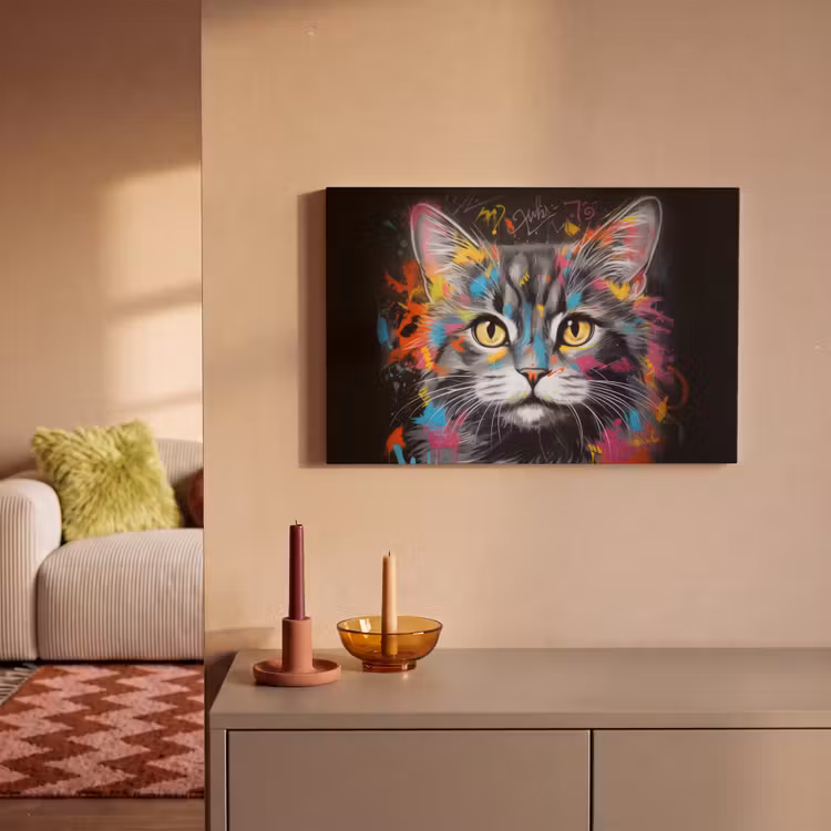Kat - Graffiti - Dieren - Kleuren - Grijs canvas 2cm klein -sfeer1