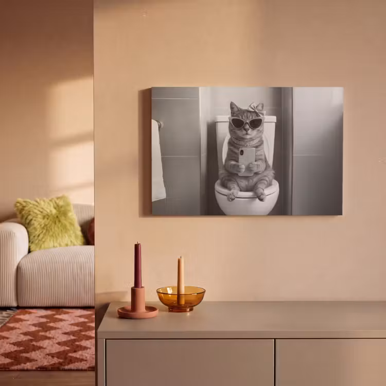 Kat - Telefoon - Toilet - Zwart - Wit canvas 2cm klein -sfeer1