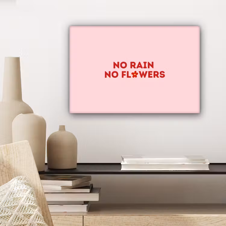 No rain no flowers - Minimalistisch - Roze - Bloem canvas 2cm klein -uniquesellingpoint_afwerking-onlywow_DE
