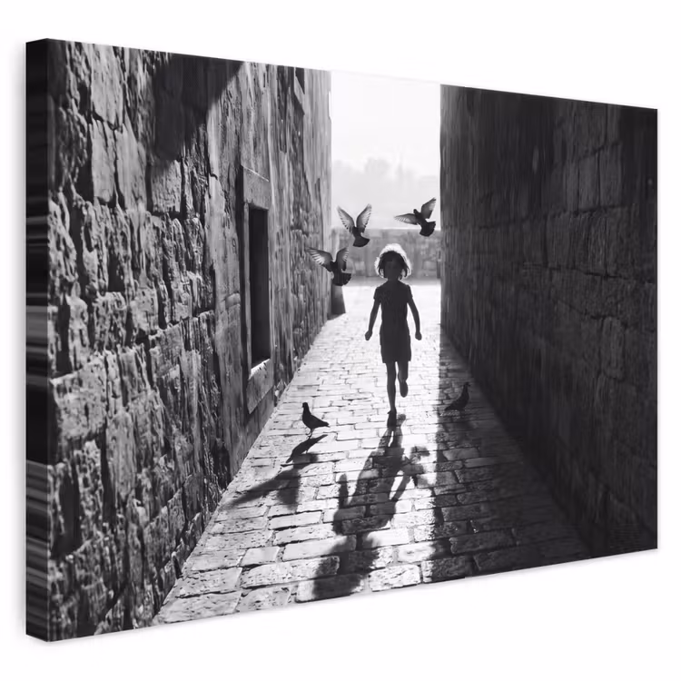 Kind - Vogel - Straat - Zwart-wit - Spelen canvas 2cm klein -3d