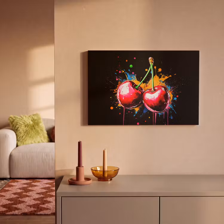 Kersen - Fruit - Graffiti - Verf - Abstract - Modern - Kleurrijk canvas 2cm klein -sfeer1