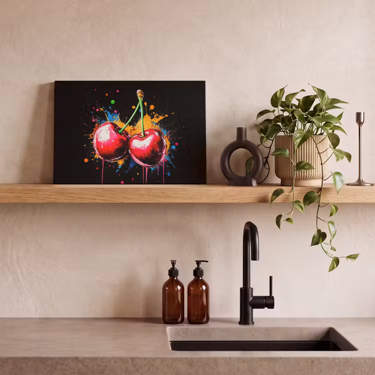 Kersen - Fruit - Graffiti - Verf - Abstract - Modern - Kleurrijk canvas 2cm klein -sfeer3
