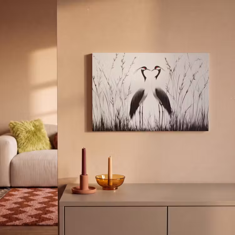 Kraanvogels - Gras - Hartvorm - Zwart canvas 2cm klein -sfeer1