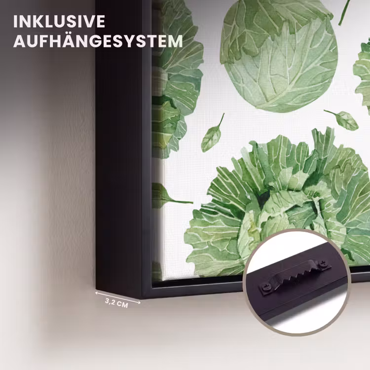 Kool - Bladgroen - Wit - Patroon Canvas met baklijst klein 1124 -closeup_ophangsysteem_DE