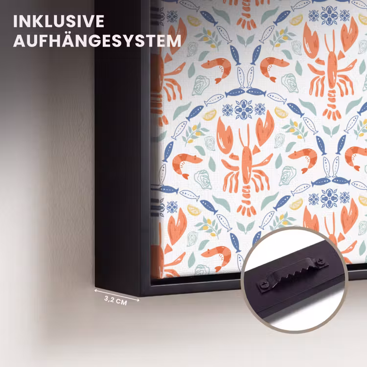 Kreeft - Patroon - Blauw Canvas met baklijst klein 1124 -closeup_ophangsysteem_DE