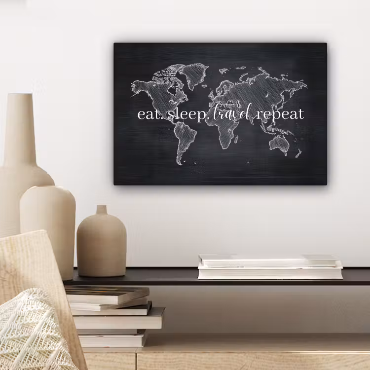 Krijt - Zwart - Quote - Wereldkaart canvas 2cm klein -sfeer6