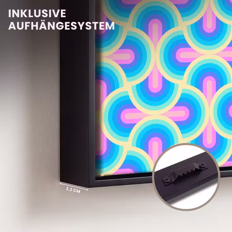 Cirkels - Neon - Bogen Canvas met baklijst klein 1124 -closeup_ophangsysteem_DE