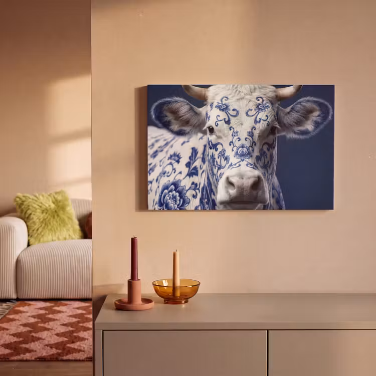 Koe - Delfts - Blauw - Artistiek canvas 2cm klein -sfeer1