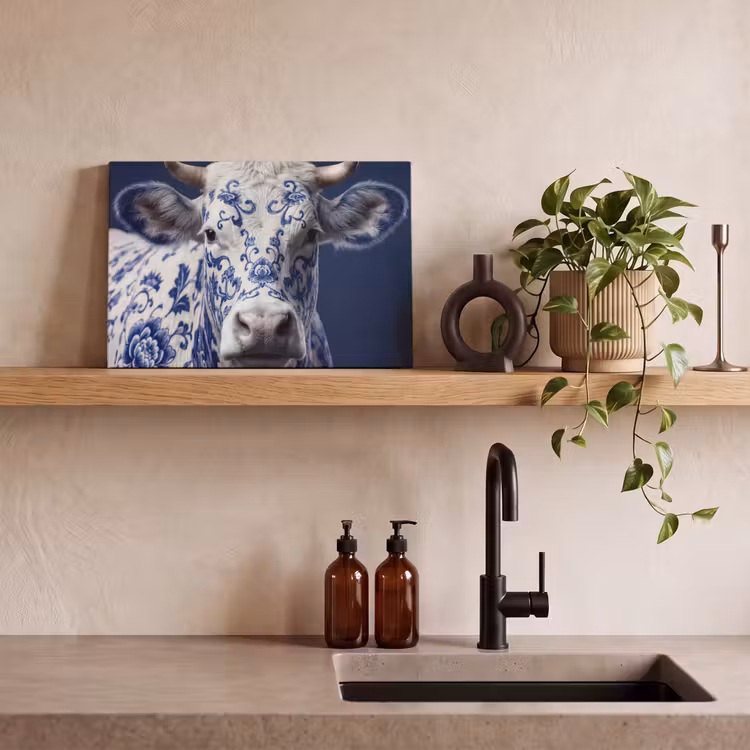 Koe - Delfts - Blauw - Artistiek canvas 2cm klein -sfeer6