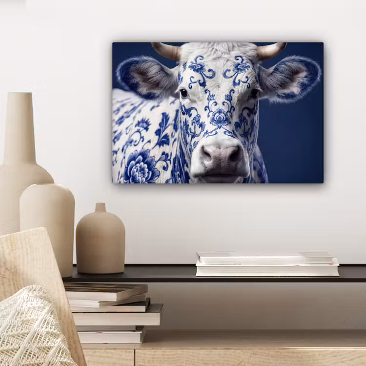 Koe - Delfts - Blauw - Artistiek canvas 2cm klein -closeup_print_DE