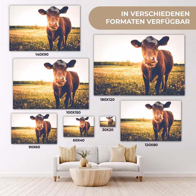 Koe - Zonsondergang - Bloemen - Gras - Dieren canvas 2cm klein -Xsfeer8_DE