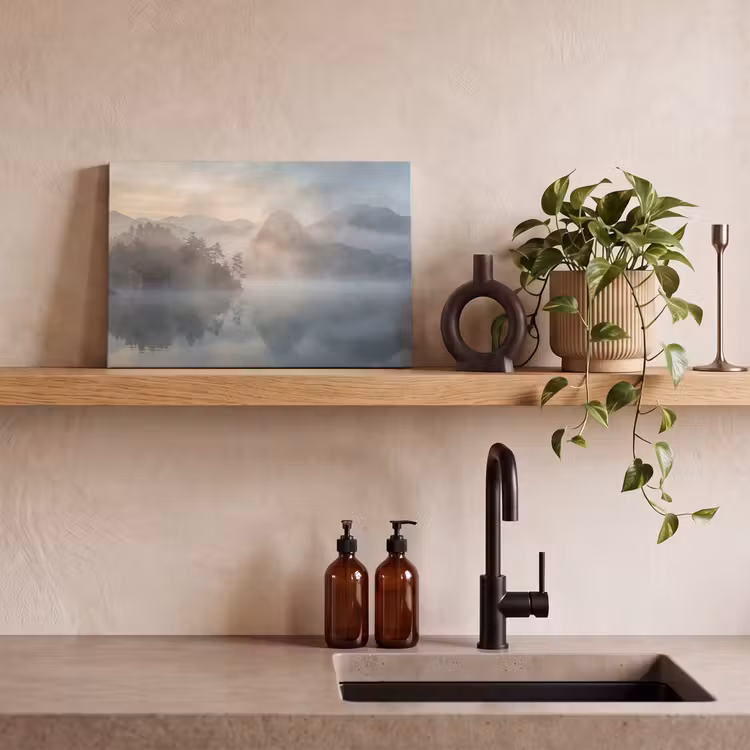 Landschap - Bergen - Mist - Water - Natuur canvas 2cm klein -sfeer3
