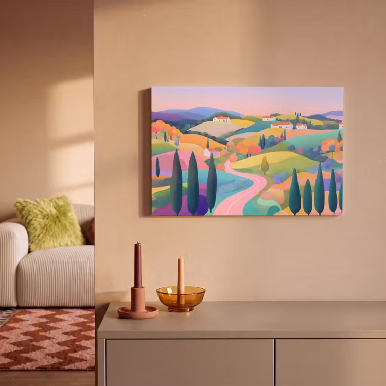 Landschap - Paars - Pastel - Huizen canvas 2cm klein -sfeer1
