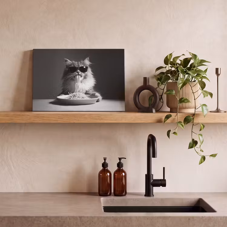 Langharige kat - Zonnebril - Spaghetti - Humor - Zwart - wit canvas 2cm klein -sfeer3
