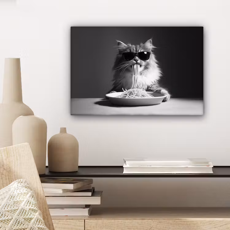 Langharige kat - Zonnebril - Spaghetti - Humor - Zwart - wit canvas 2cm klein -sfeer6