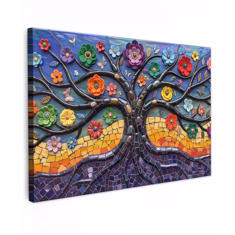 Levensboom - Mozaïek - Bloemen - Kleurrijk - Vrolijk canvas 2cm klein -z3d