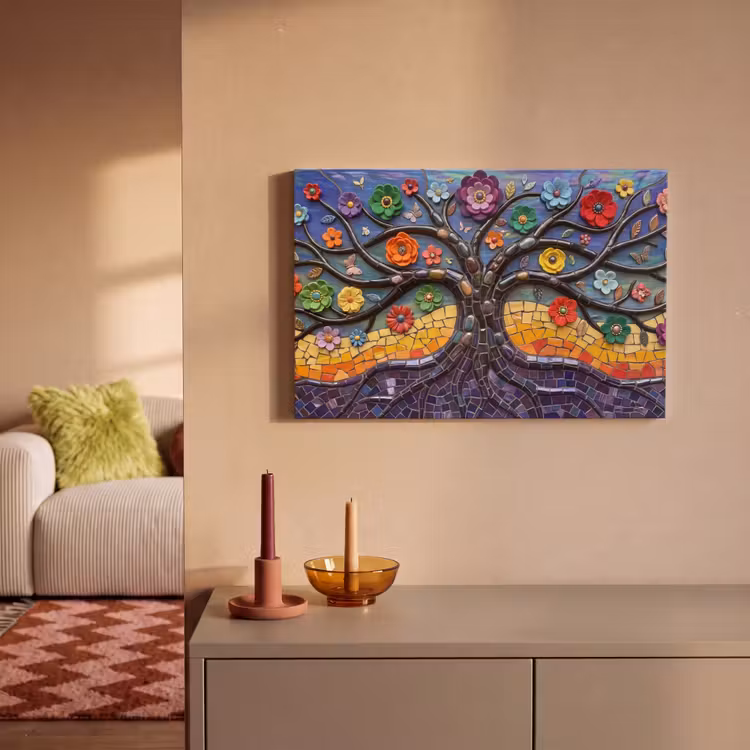 Levensboom - Mozaïek - Bloemen - Kleurrijk - Vrolijk canvas 2cm klein -sfeer1