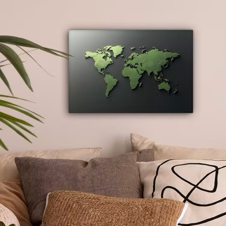 Leer - Groen - Wereldkaart canvas 2cm klein -sfeer1