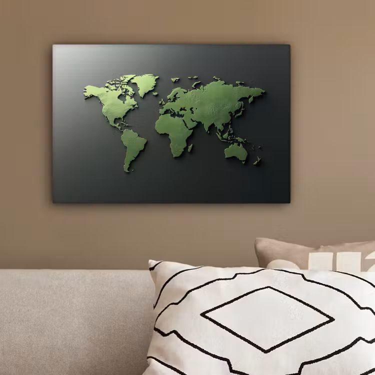 Leer - Groen - Wereldkaart canvas 2cm klein -sfeer3