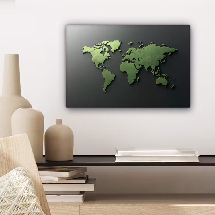 Leer - Groen - Wereldkaart canvas 2cm klein -sfeer6