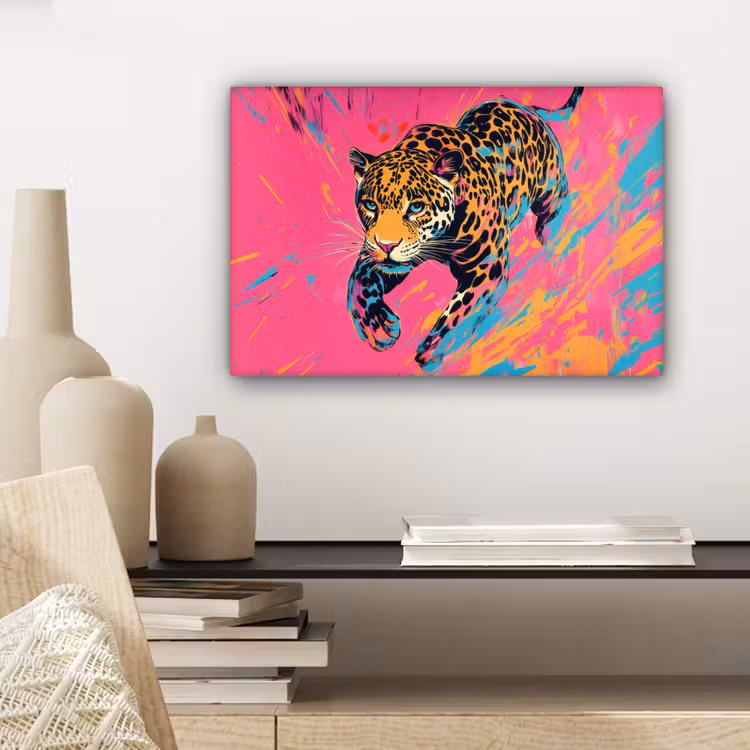 Luipaard - Roze - Oranje - Blauw - Verf canvas 2cm klein -sfeer6