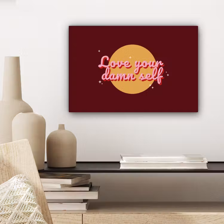 love your damn self - Cirkel - Glitter - Rood canvas 2cm klein -uniquesellingpoint_afwerking-onlywow_DE