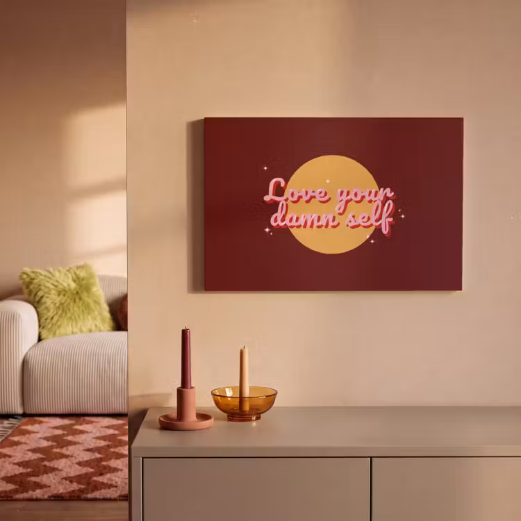 love your damn self - Cirkel - Glitter - Rood canvas 2cm klein -sfeer1