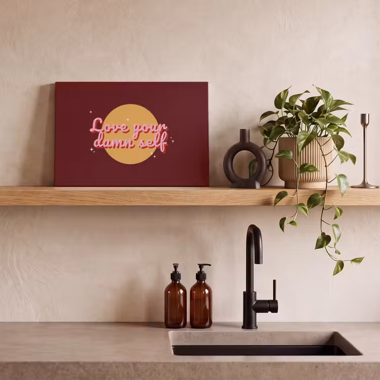 love your damn self - Cirkel - Glitter - Rood canvas 2cm klein -closeup_print_DE