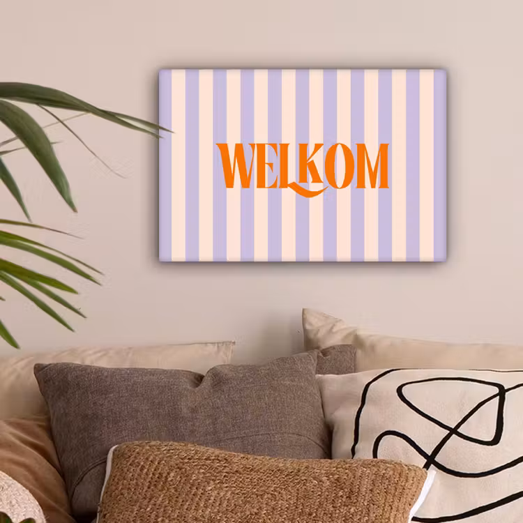 Lila - Oranje - Strepen - Welkom canvas 2cm klein -sfeer1