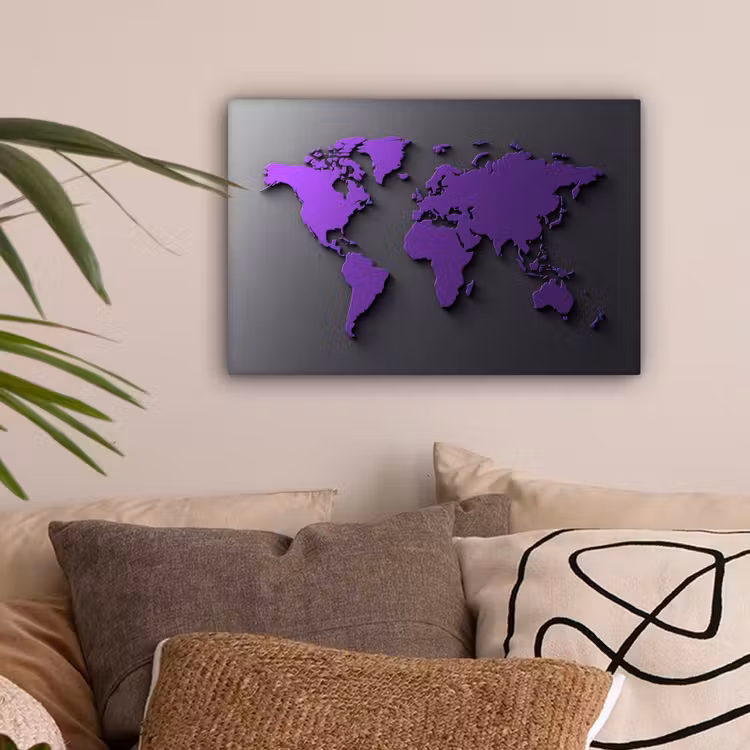 Paars - Wereldkaart - Grijs - Donker canvas 2cm klein -sfeer1