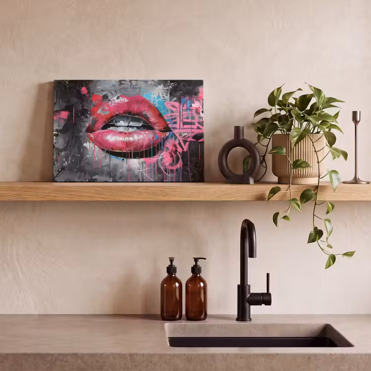 Lippen - Felroze - Graffiti - Verfstrepen canvas 2cm klein -sfeer3