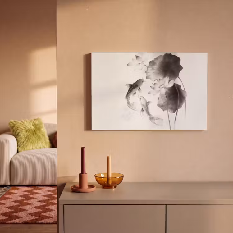 Lotusbloemen - Vissen - Bladeren - Zwart canvas 2cm klein -sfeer1