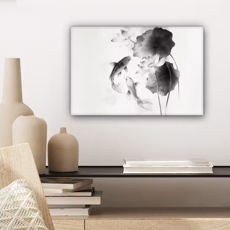 Lotusbloemen - Vissen - Bladeren - Zwart canvas 2cm klein -closeup_print_DE