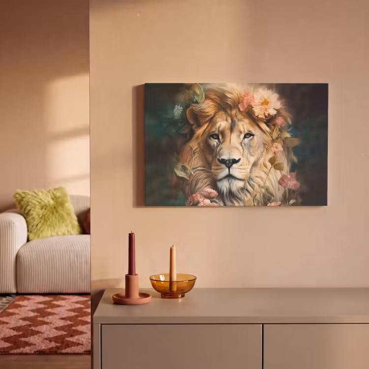 Leeuw - Leeuwenkop - Wilde dieren - Bloemen canvas 2cm klein -sfeer1