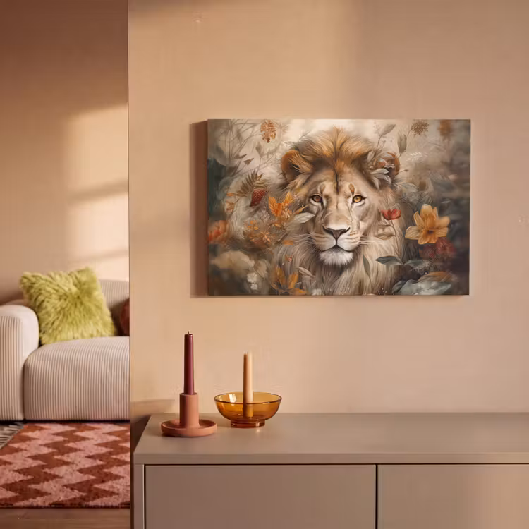 Leeuw - Wilde dieren - Planten - Natuur - Bloemen canvas 2cm klein -sfeer1